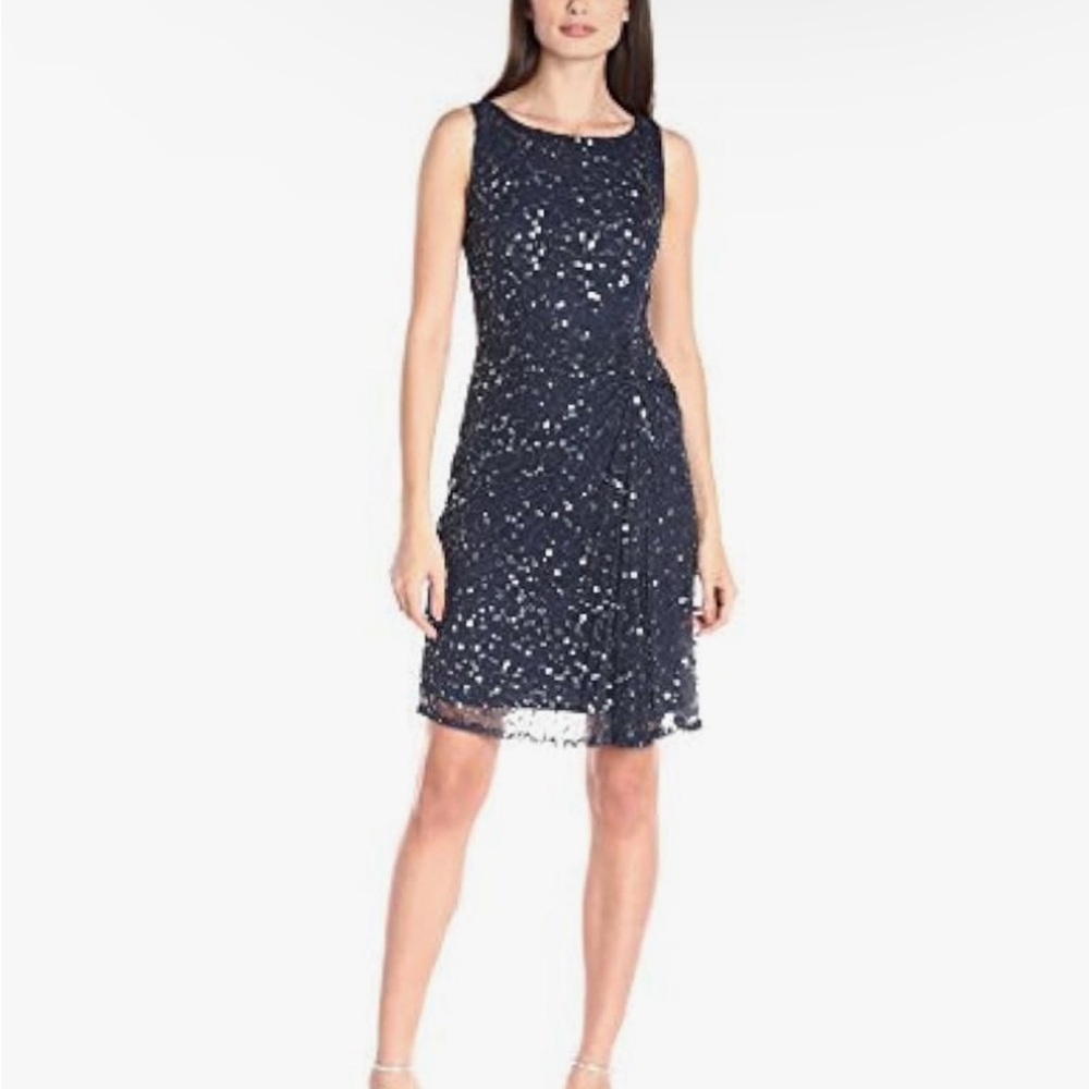 Patra Sequin Cocktail Dress Navy Knee Length Sz 6 Pleated Special Occasion